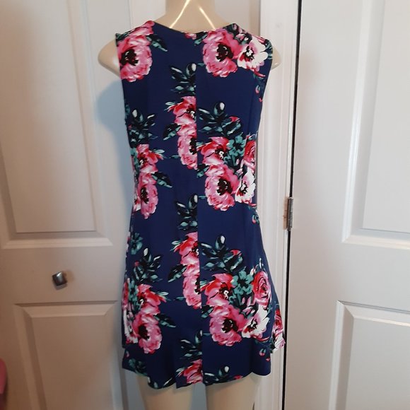 Dark Blue & Floral Print Sleeveless V Neck Tunic Top - Picture 7 of 12